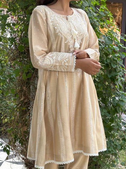 Beige Chanderi Chikankari Co-Ord Sets