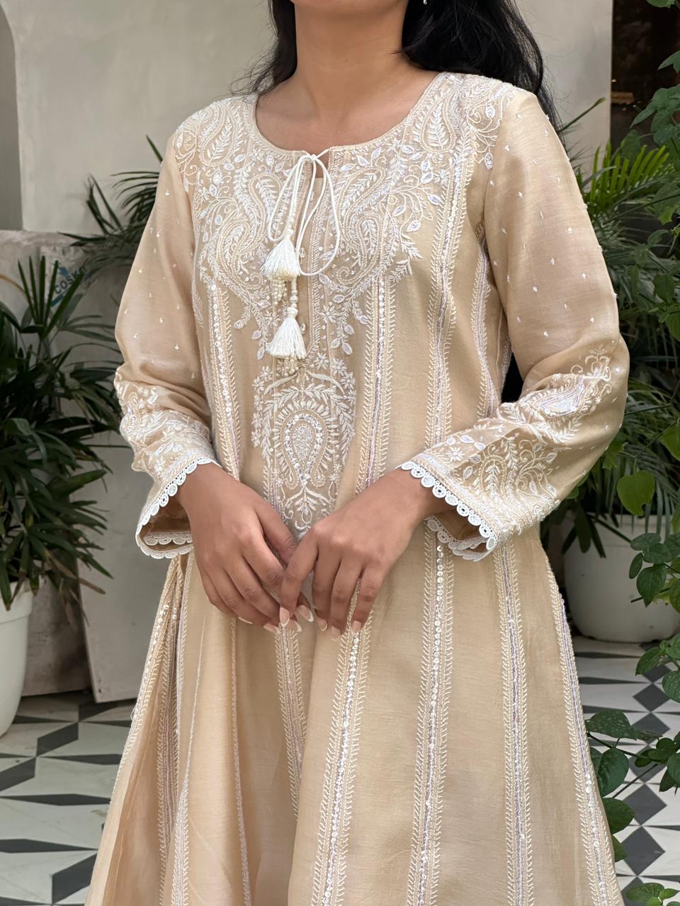 Beige Chanderi Chikankari Co-Ord Sets