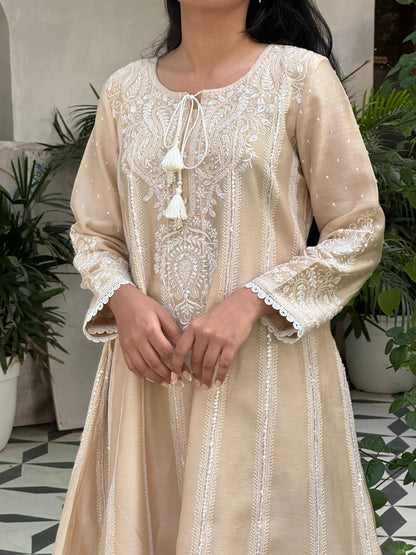 Beige Chanderi Chikankari Co-Ord Sets
