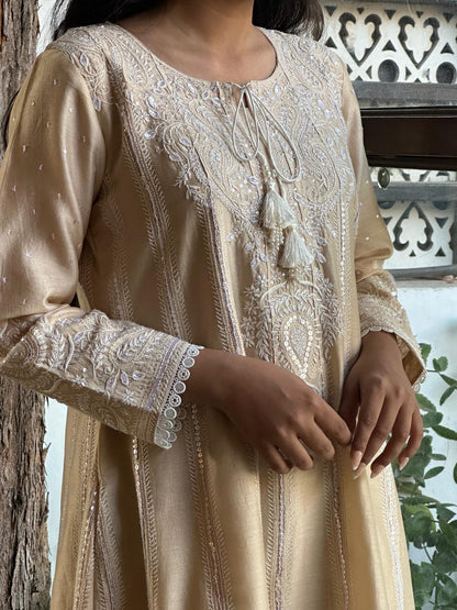 Beige Chanderi Chikankari Co-Ord Sets