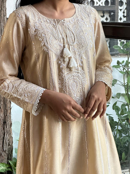 Beige Chanderi Chikankari Co-Ord Sets