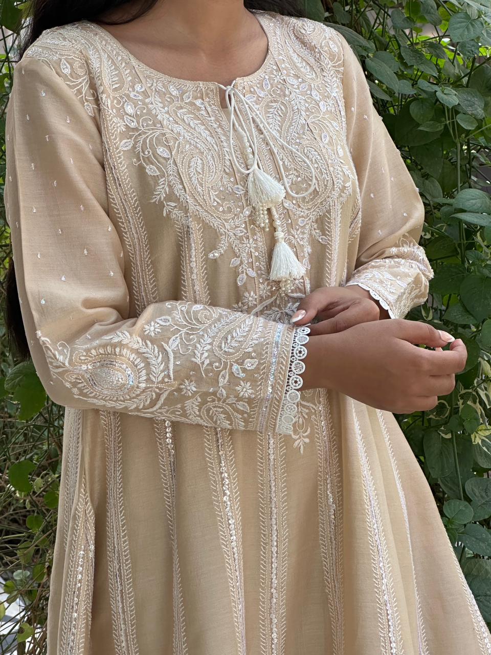 Beige Chanderi Chikankari Co-Ord Sets