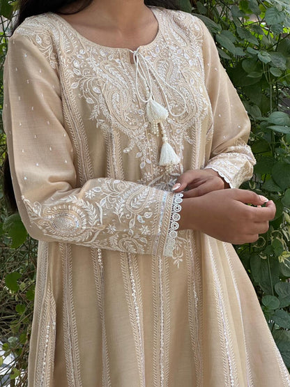 Beige Chanderi Chikankari Co-Ord Sets