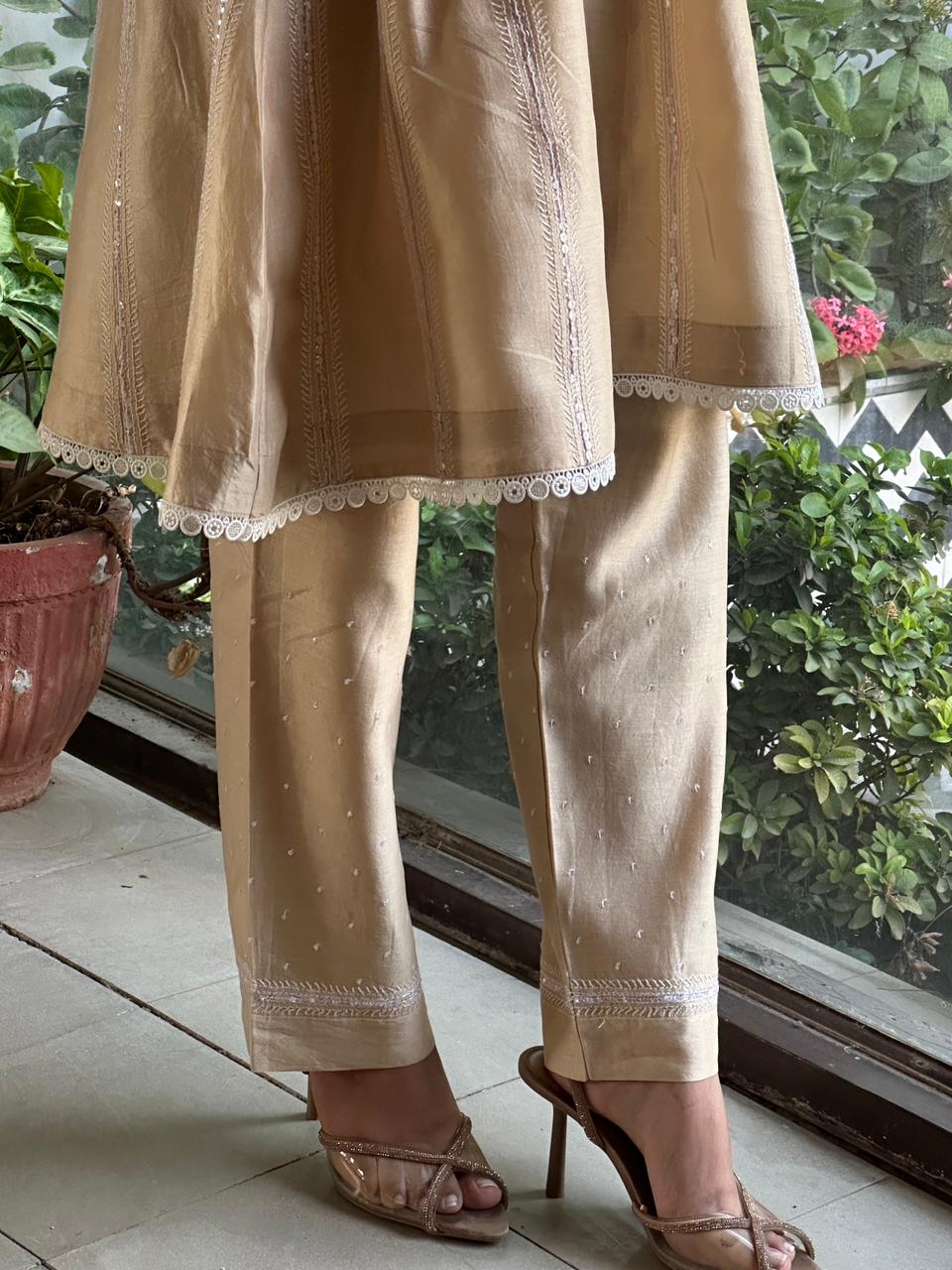 Beige Chanderi Chikankari Co-Ord Sets
