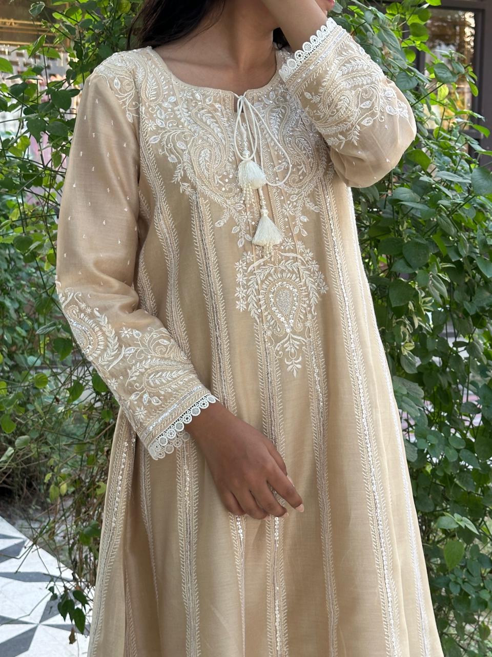 Beige Chanderi Chikankari Co-Ord Sets