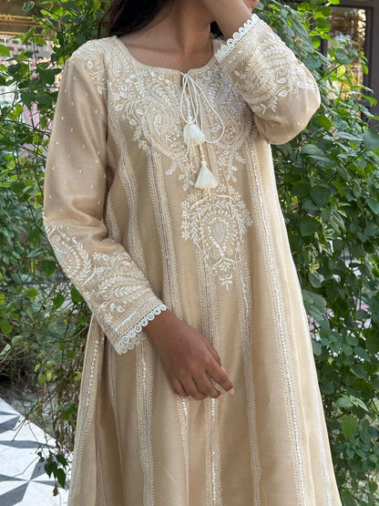 Beige Chanderi Chikankari Co-Ord Sets