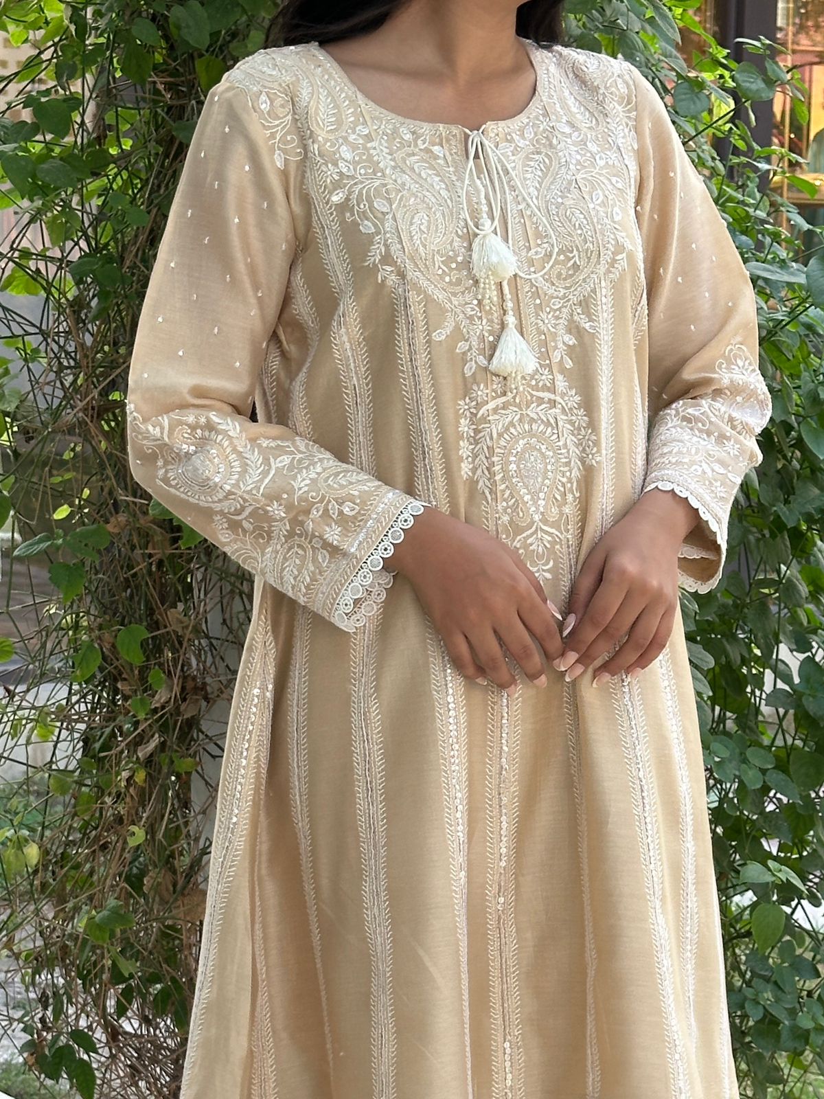 Beige Chanderi Chikankari Co-Ord Sets