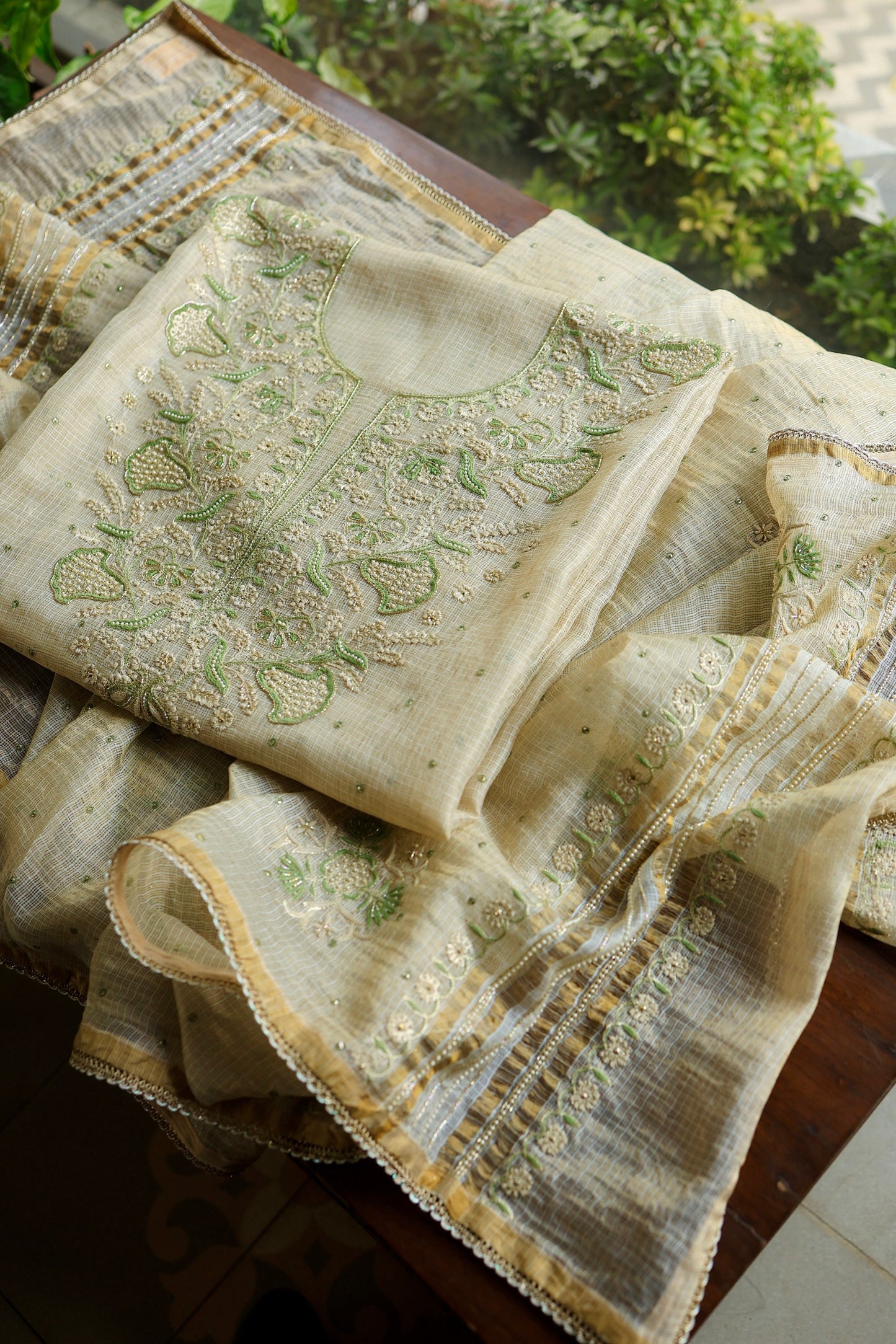 Beige Green Tissue Kota Chikankari Unstitched Fabric