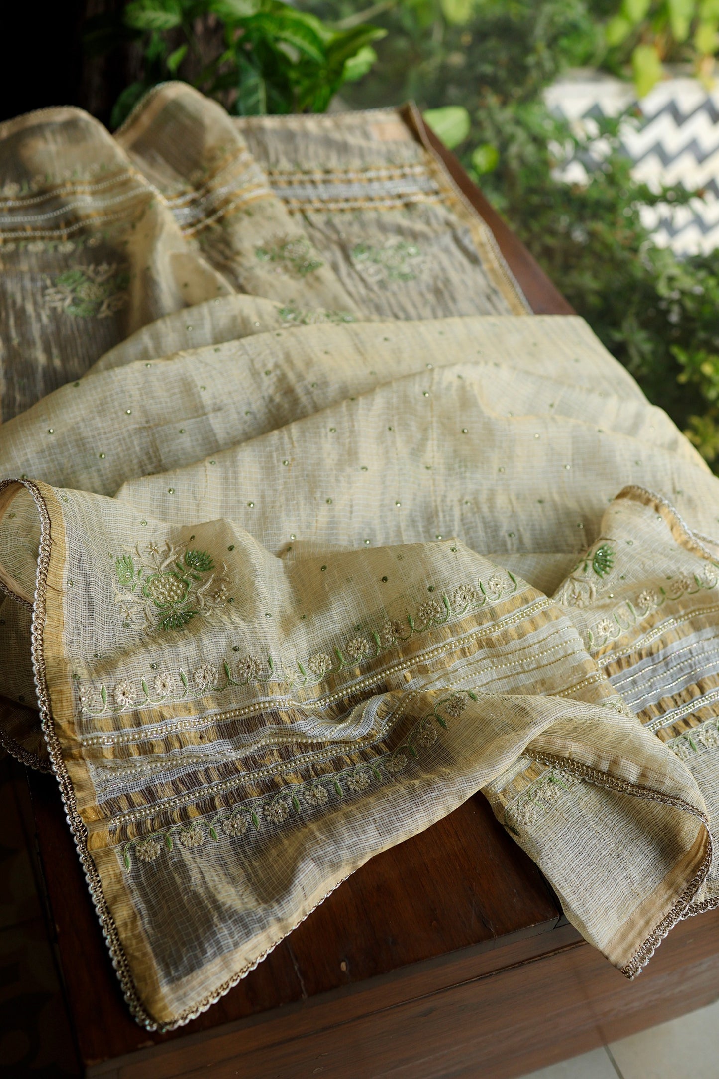 Beige Green Tissue Kota Chikankari Unstitched Fabric