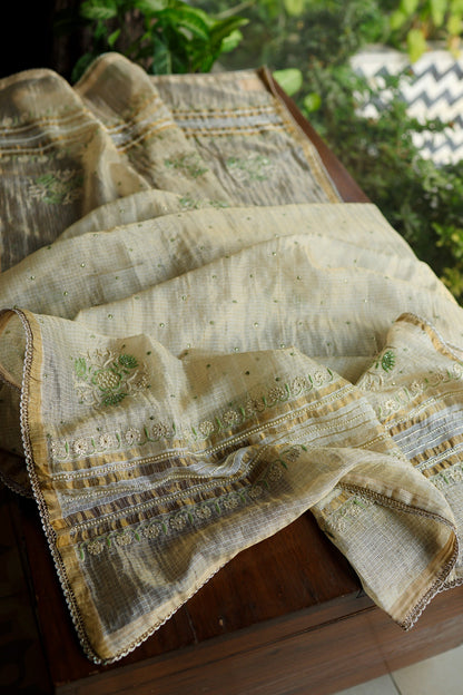 Beige Green Tissue Kota Chikankari Unstitched Fabric