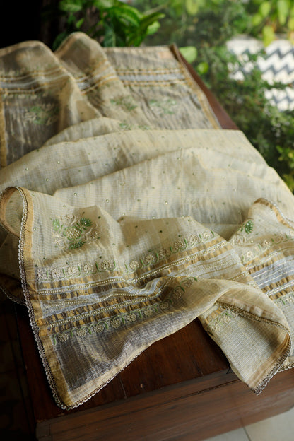 Beige Green Tissue Kota Chikankari Unstitched Fabric