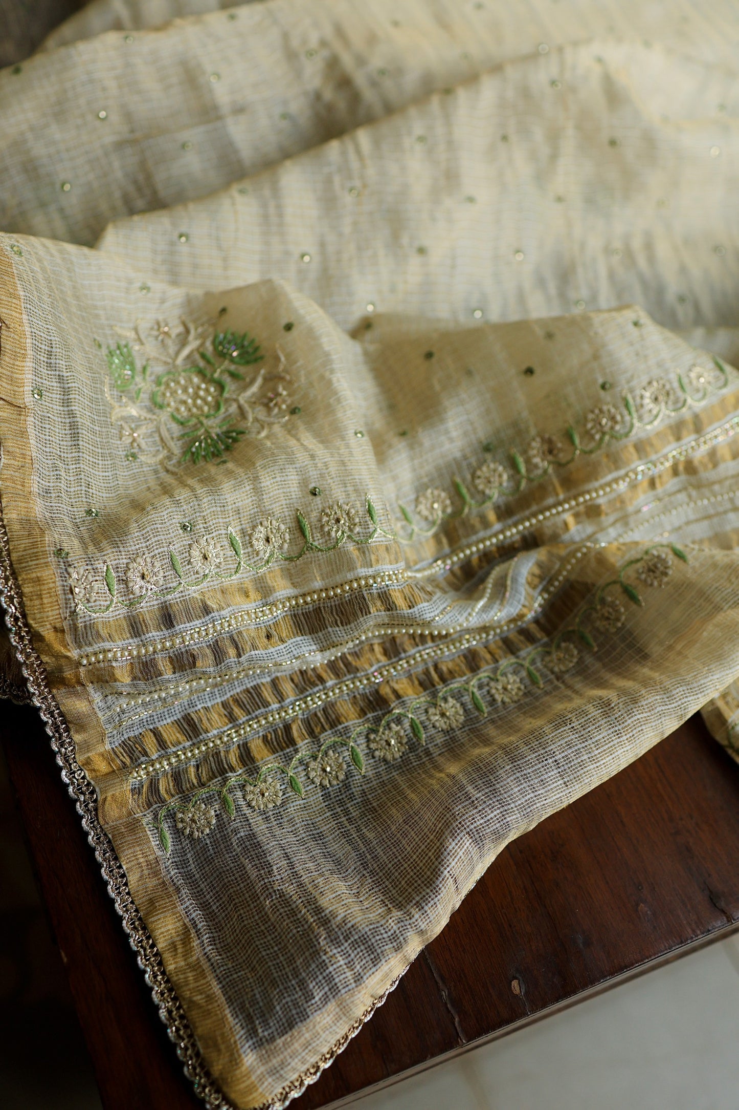 Beige Green Tissue Kota Chikankari Unstitched Fabric