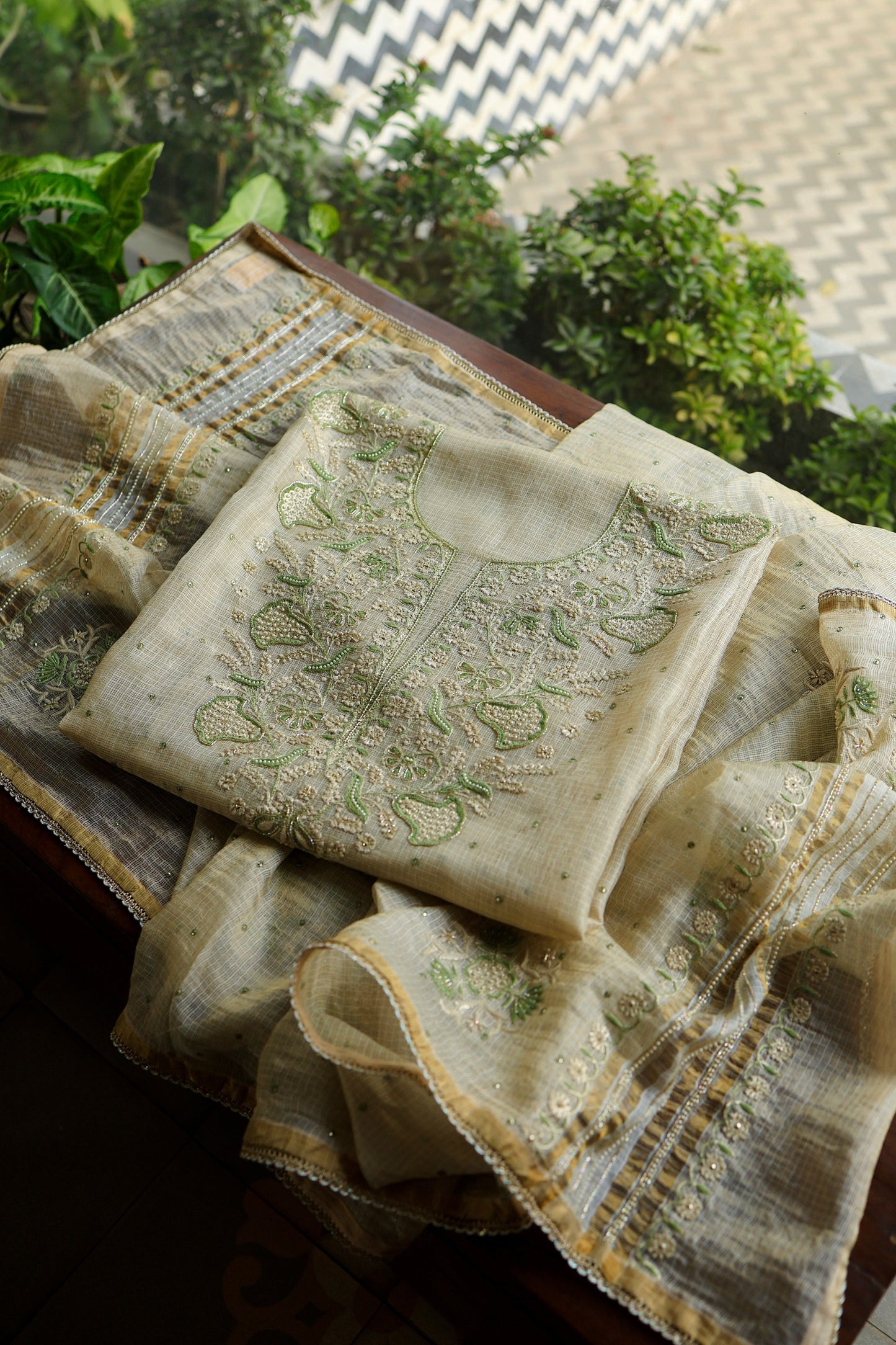 Beige Green Tissue Kota Chikankari Unstitched Fabric