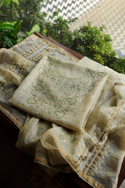 Beige Green Tissue Kota Chikankari Unstitched Fabric