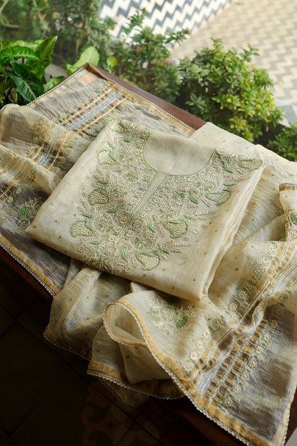 Beige Green Tissue Kota Chikankari Unstitched Fabric