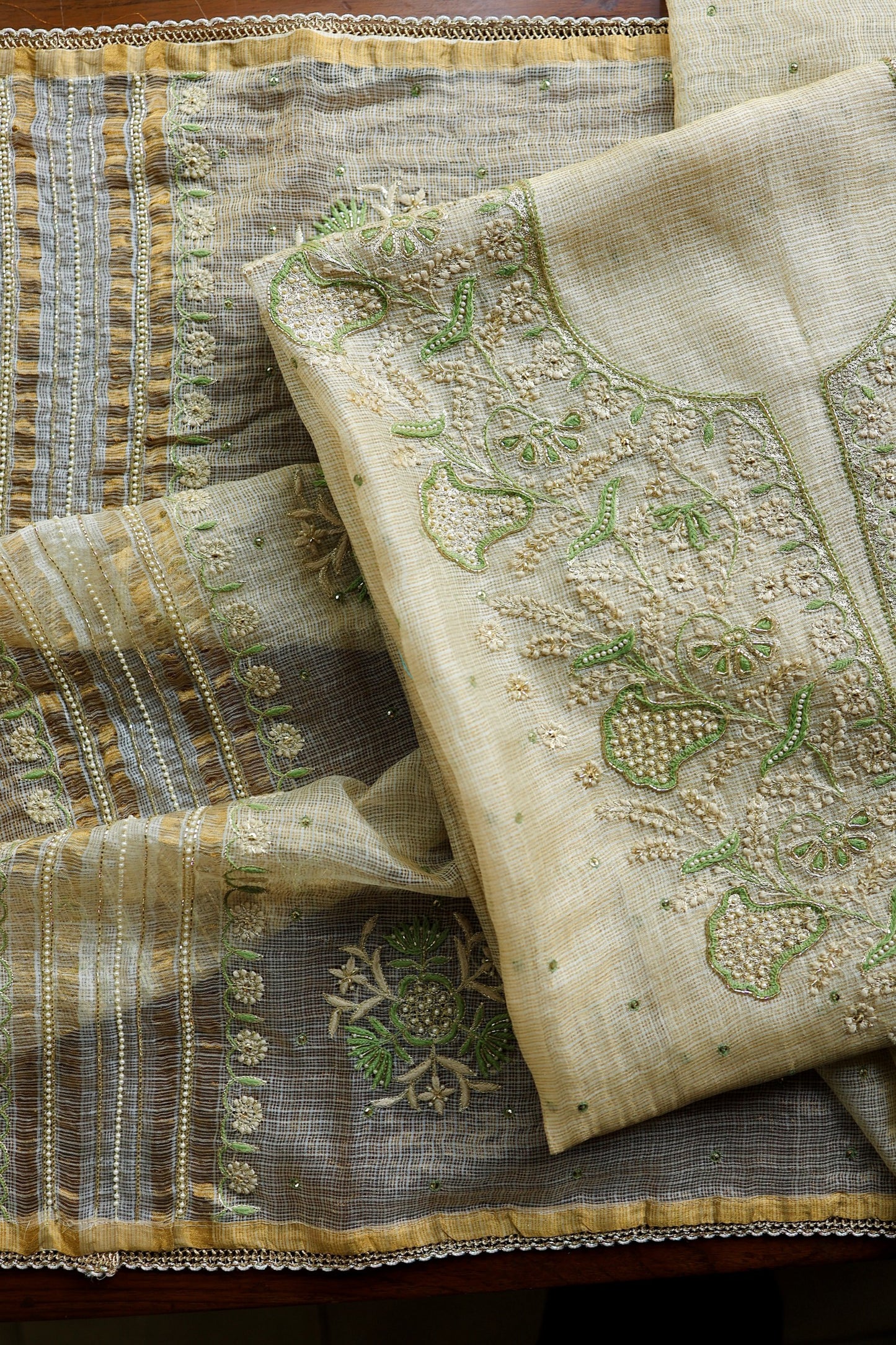 Beige Green Tissue Kota Chikankari Unstitched Fabric