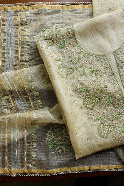 Beige Green Tissue Kota Chikankari Unstitched Fabric