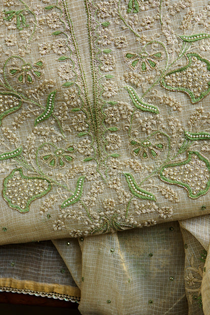 Beige Green Tissue Kota Chikankari Unstitched Fabric