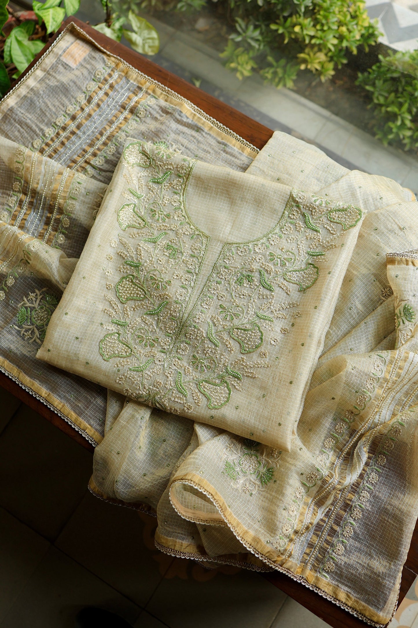 Beige Green Tissue Kota Chikankari Unstitched Fabric