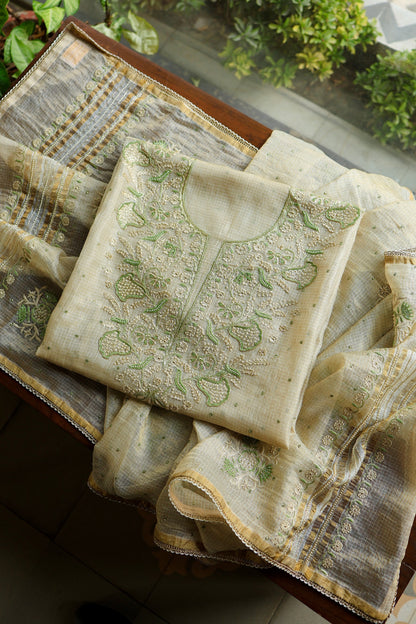 Beige Green Tissue Kota Chikankari Unstitched Fabric