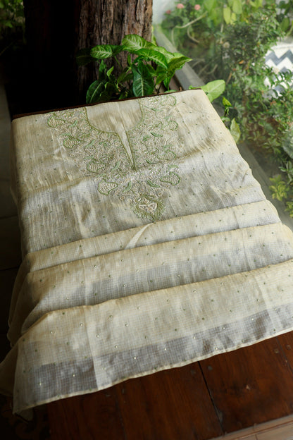 Beige Green Tissue Kota Chikankari Unstitched Fabric
