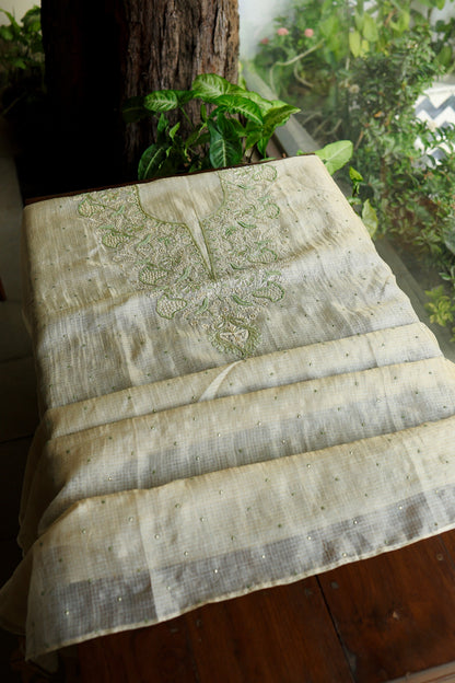 Beige Green Tissue Kota Chikankari Unstitched Fabric