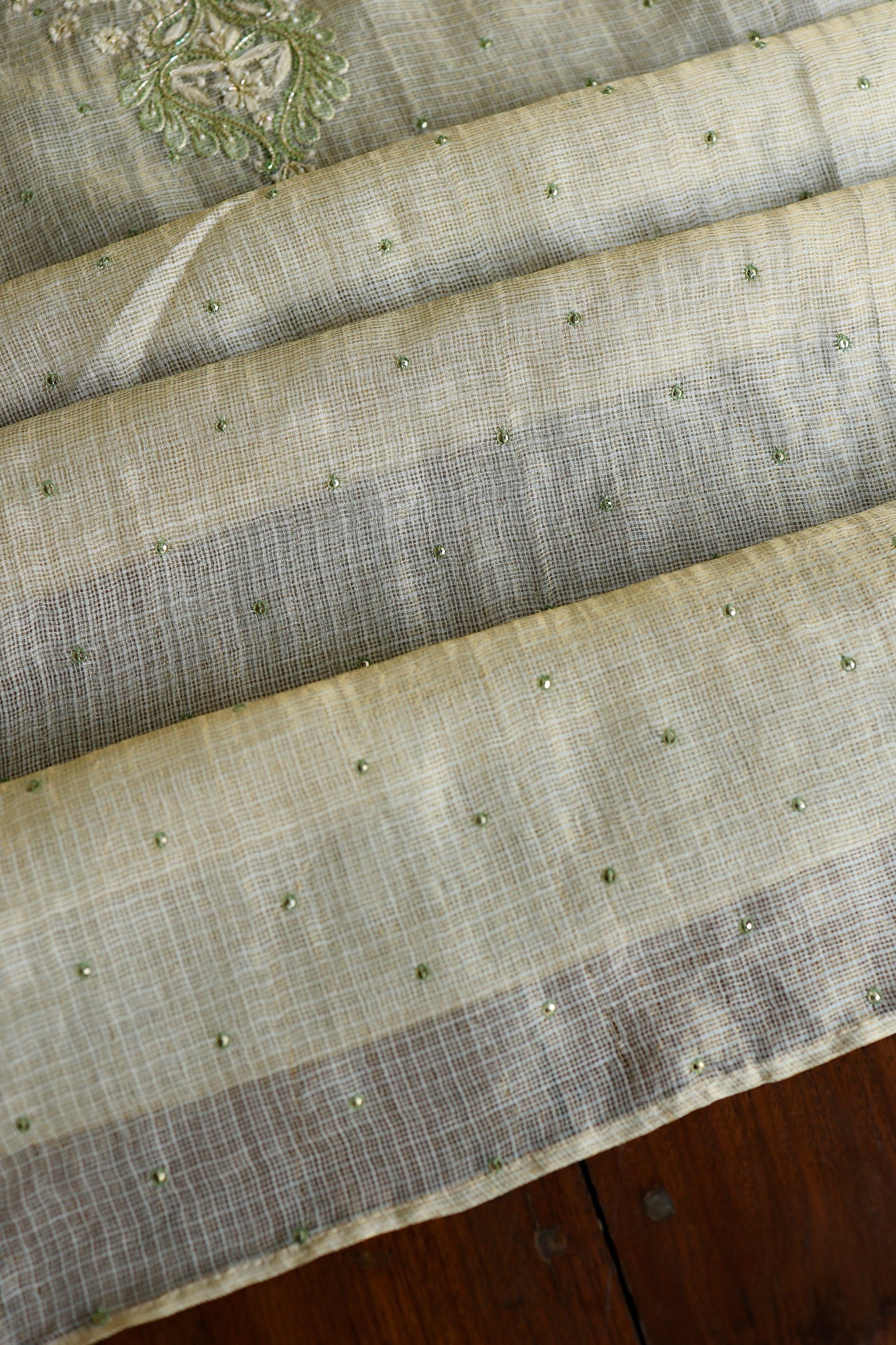 Beige Green Tissue Kota Chikankari Unstitched Fabric