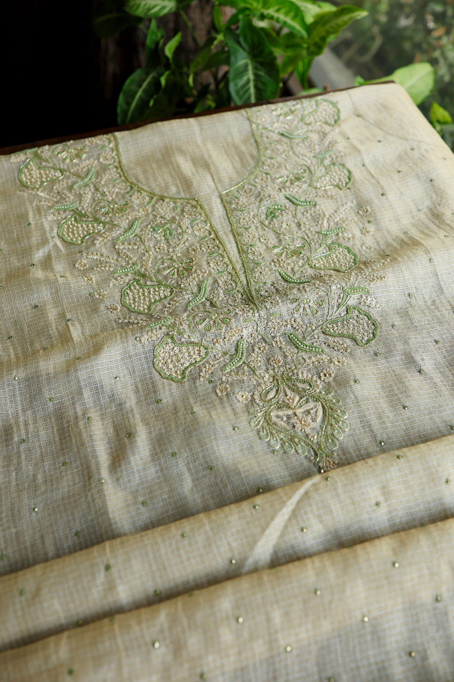Beige Green Tissue Kota Chikankari Unstitched Fabric