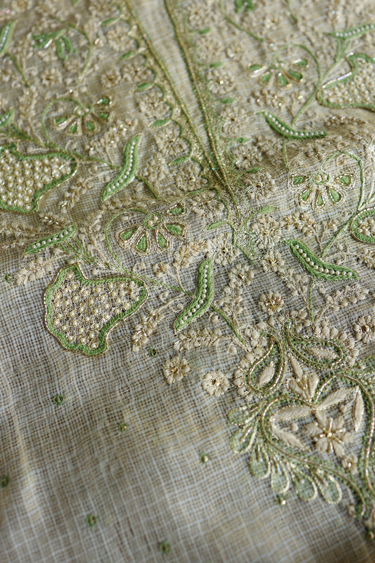 Beige Green Tissue Kota Chikankari Unstitched Fabric