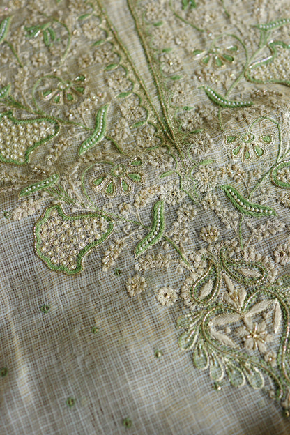 Beige Green Tissue Kota Chikankari Unstitched Fabric