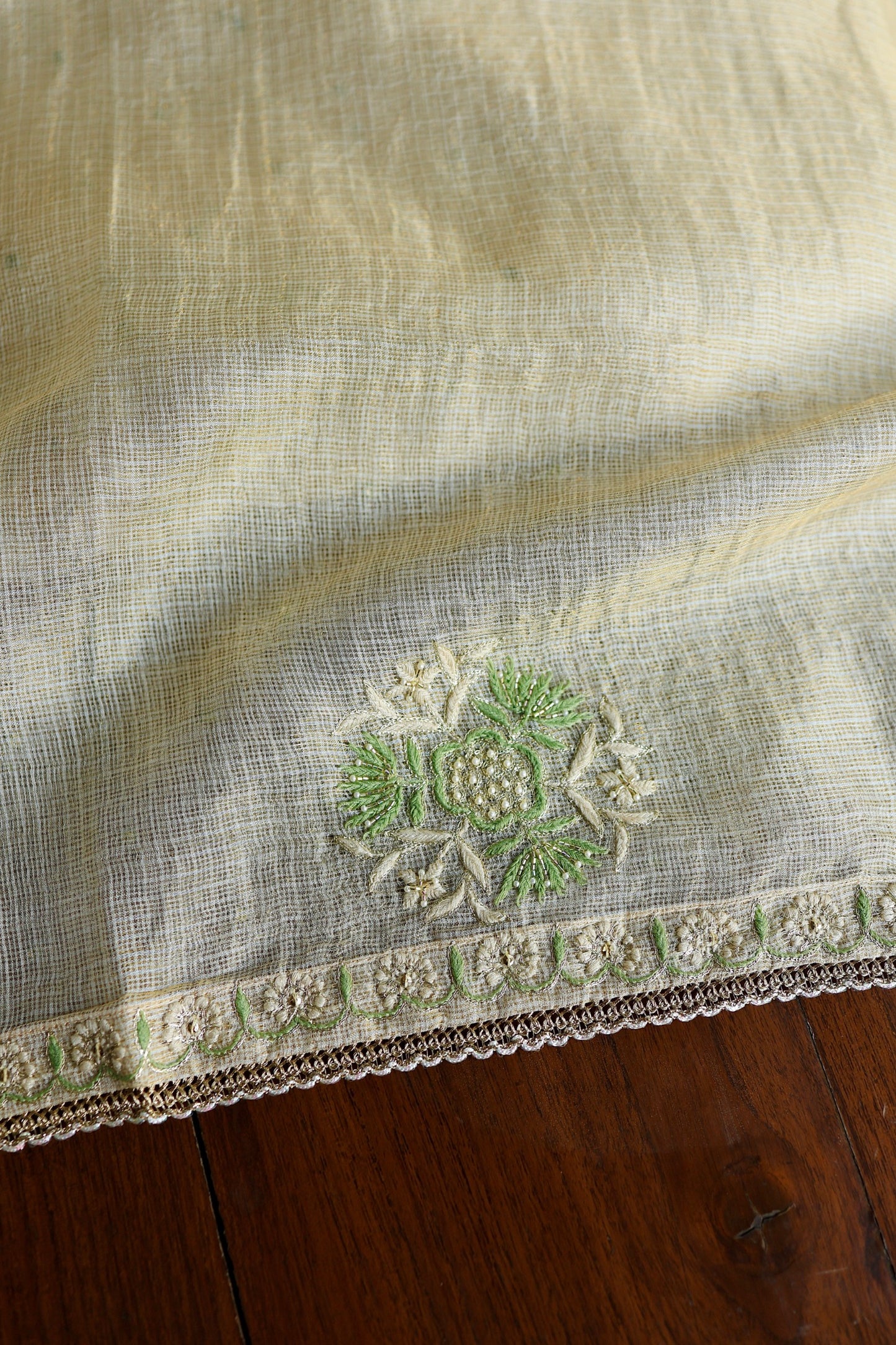 Beige Green Tissue Kota Chikankari Unstitched Fabric