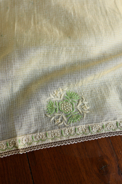 Beige Green Tissue Kota Chikankari Unstitched Fabric