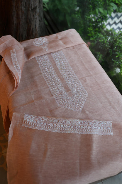 Almond Beige Linen Chikankari Unstitched Men's Kurta Fabric