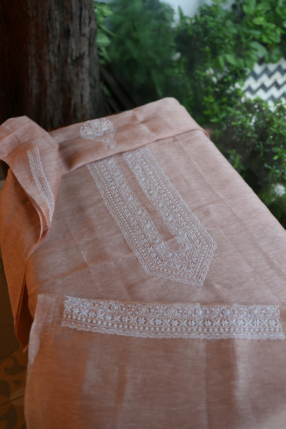 Almond Beige Linen Chikankari Unstitched Men's Kurta Fabric