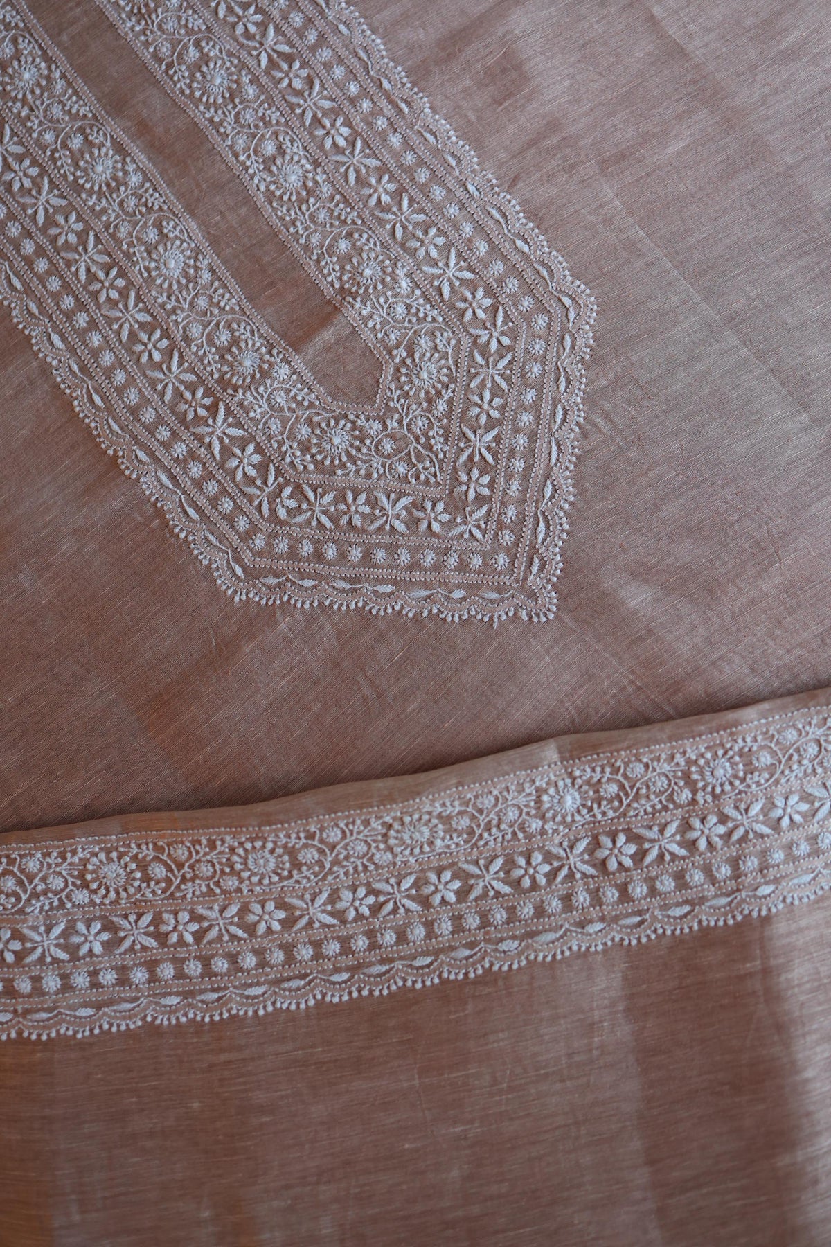 Almond Beige Linen Chikankari Unstitched Men's Kurta Fabric