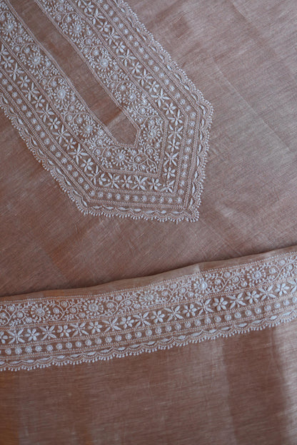 Almond Beige Linen Chikankari Unstitched Men's Kurta Fabric