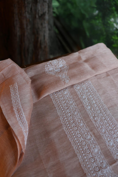 Almond Beige Linen Chikankari Unstitched Men's Kurta Fabric