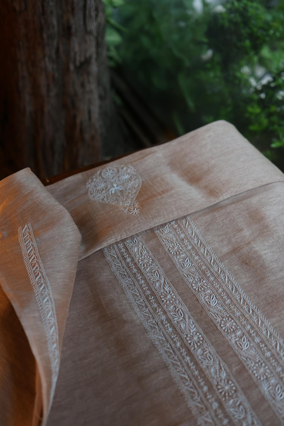 Beige Linen Chikankari Unstitched Men's Kurta Fabric