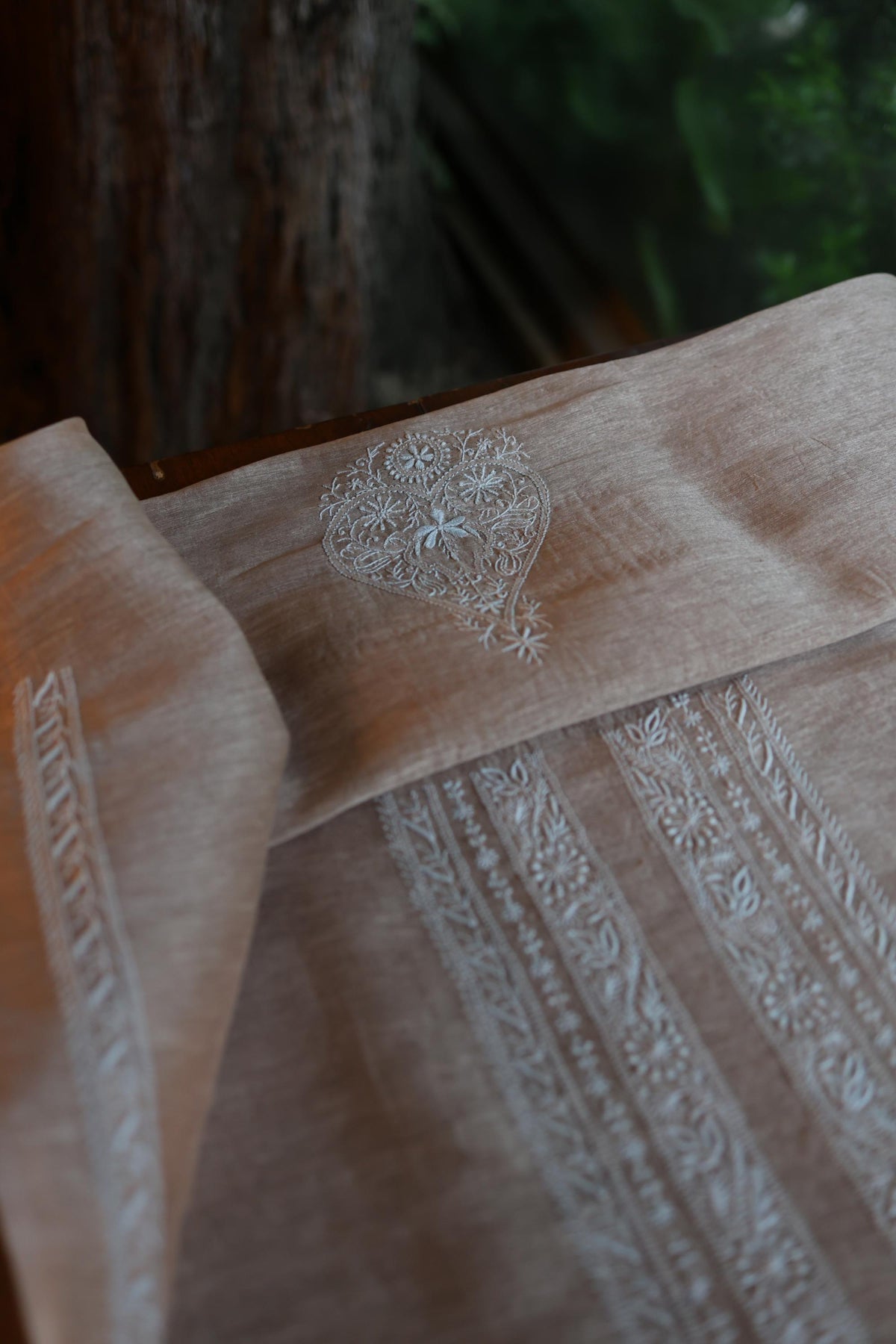Beige Linen Chikankari Unstitched Men's Kurta Fabric