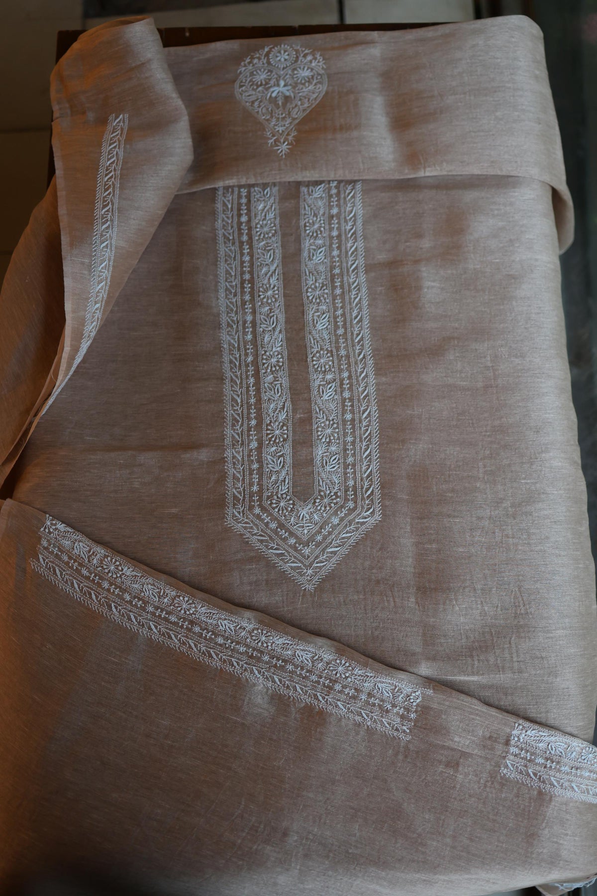 Beige Linen Chikankari Unstitched Men's Kurta Fabric