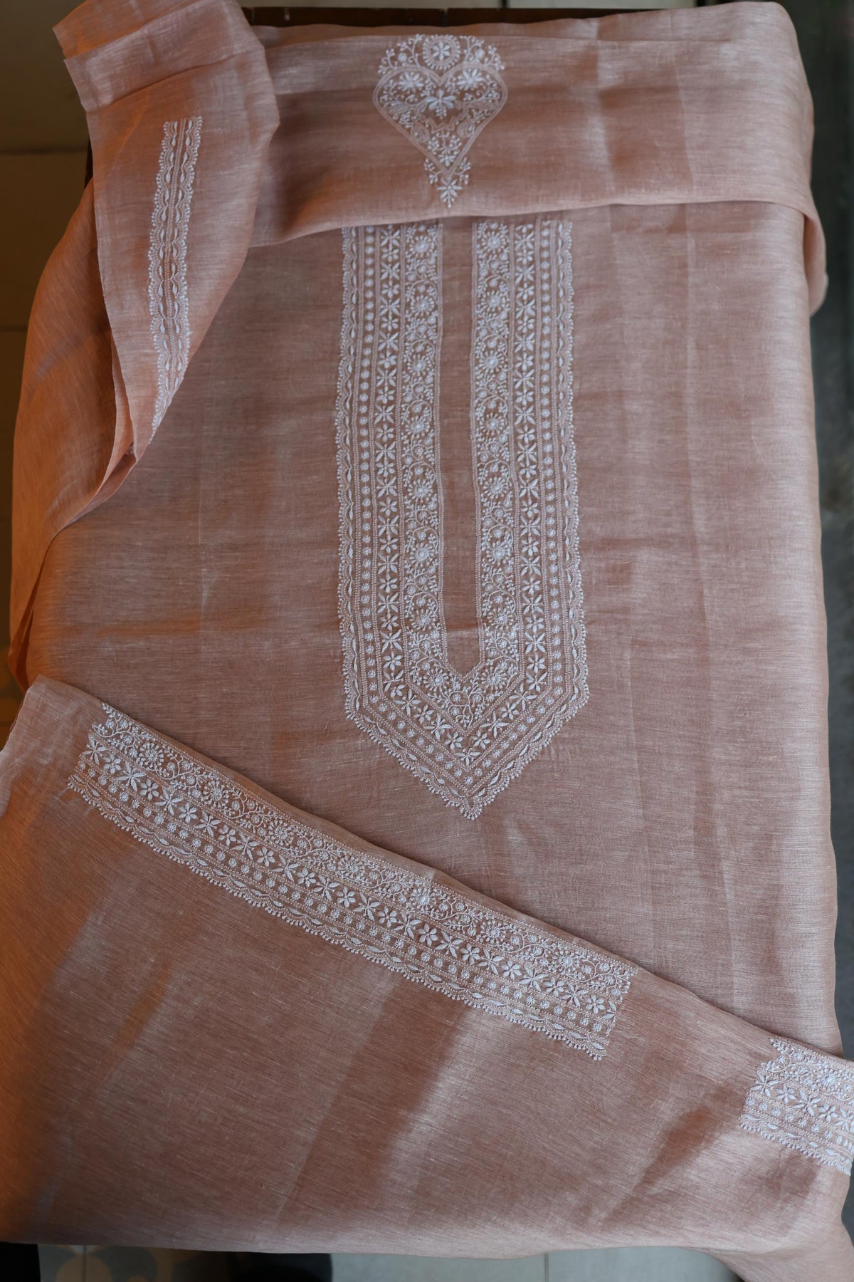 Almond Beige Linen Chikankari Unstitched Men's Kurta Fabric