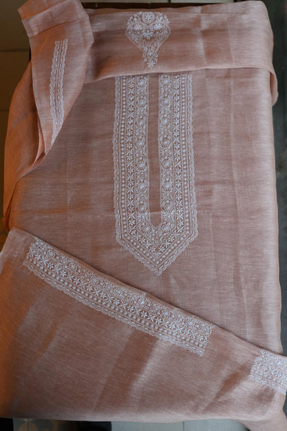 Almond Beige Linen Chikankari Unstitched Men's Kurta Fabric