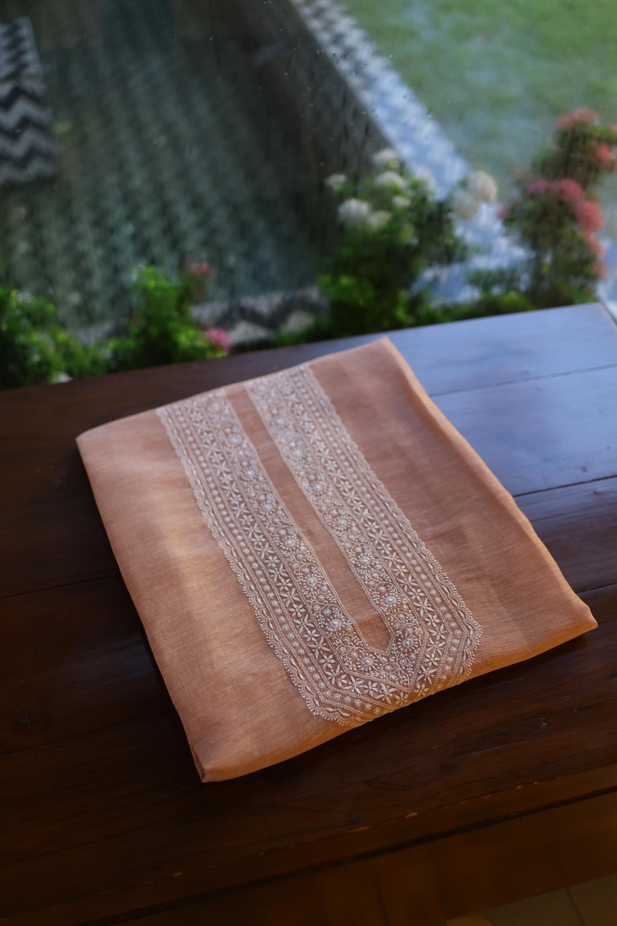 Almond Beige Linen Chikankari Unstitched Men's Kurta Fabric