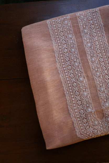 Almond Beige Linen Chikankari Unstitched Men's Kurta Fabric