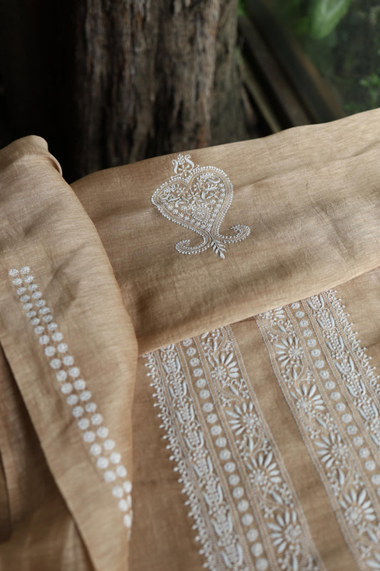 Beige Linen Chikankari Unstitched Men's Kurta Fabric