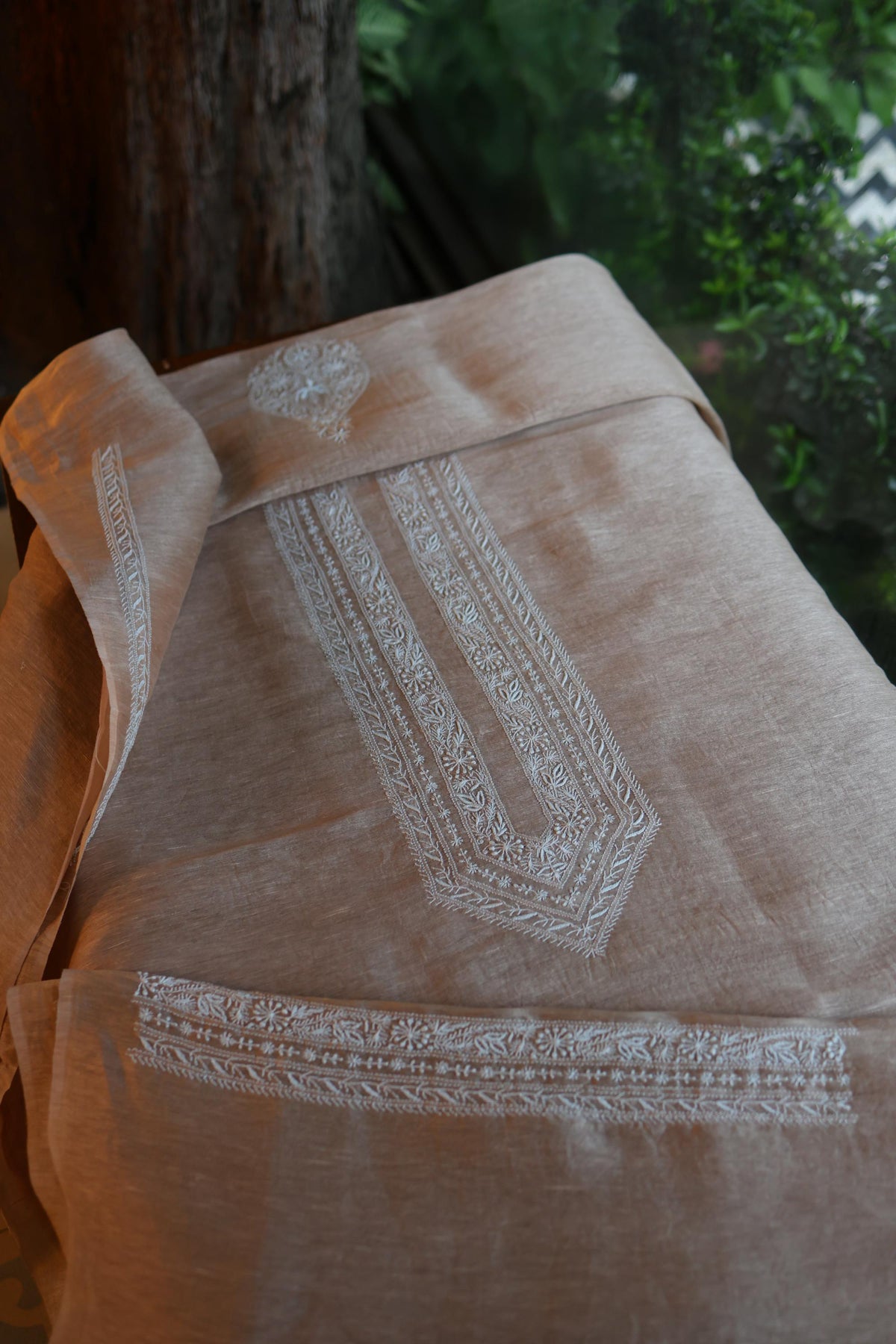 Beige Linen Chikankari Unstitched Men's Kurta Fabric