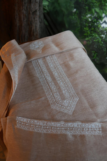 Beige Linen Chikankari Unstitched Men's Kurta Fabric