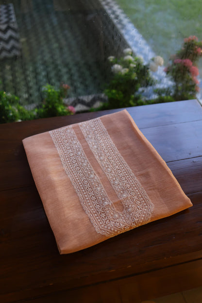 Almond Beige Linen Chikankari Unstitched Men's Kurta Fabric