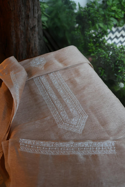 Beige Linen Chikankari Unstitched Men's Kurta Fabric
