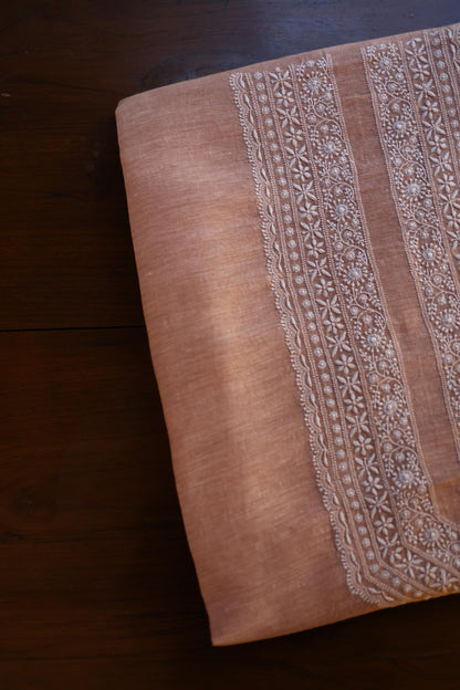 Almond Beige Linen Chikankari Unstitched Men's Kurta Fabric